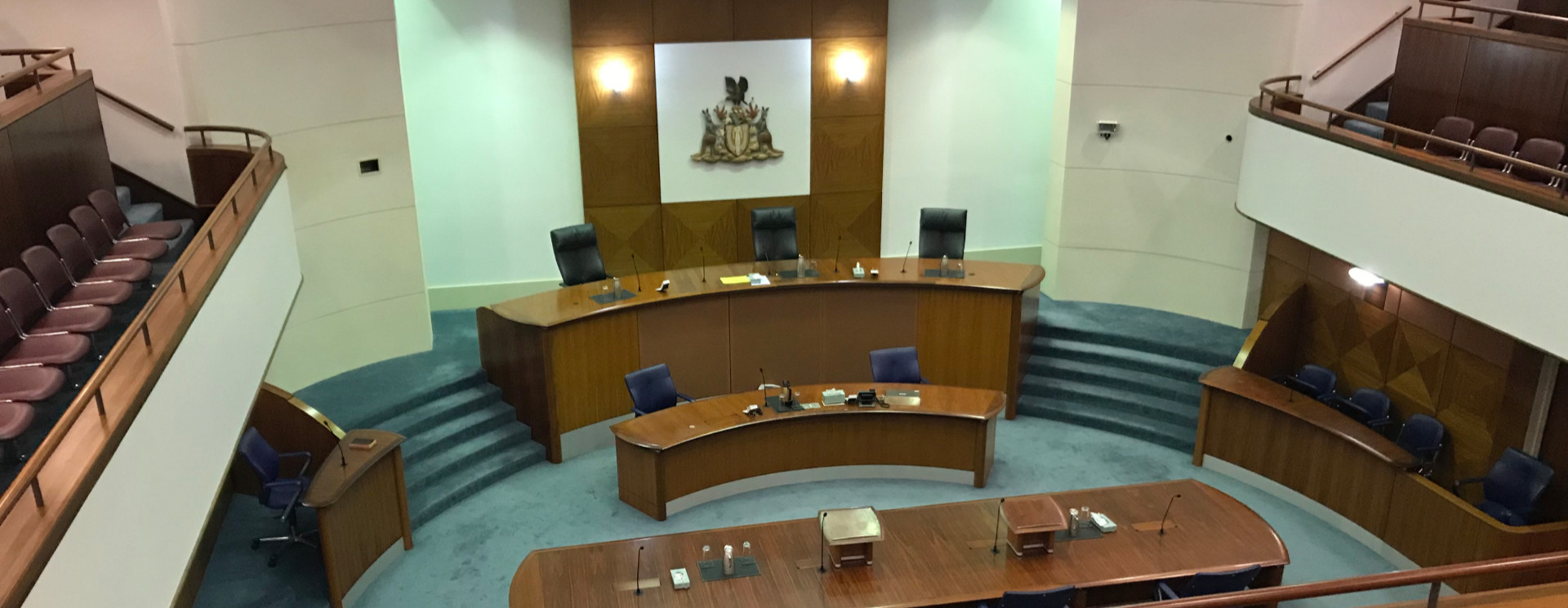 Courtroom from spectator's view.